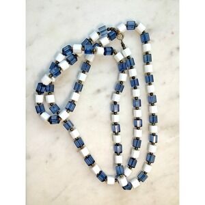 Vintage 44" Long MCM Lucite Bead Necklace Navy Blue White Chunky Cube Gold
